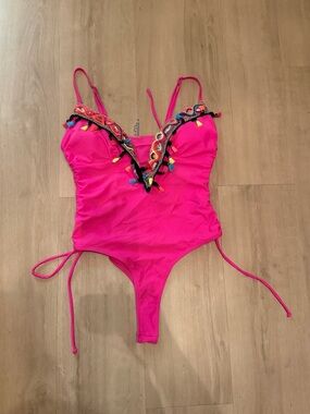 SHEIN Hot Pink One-Piece Swimsuit with Multicolor Tassel Trim